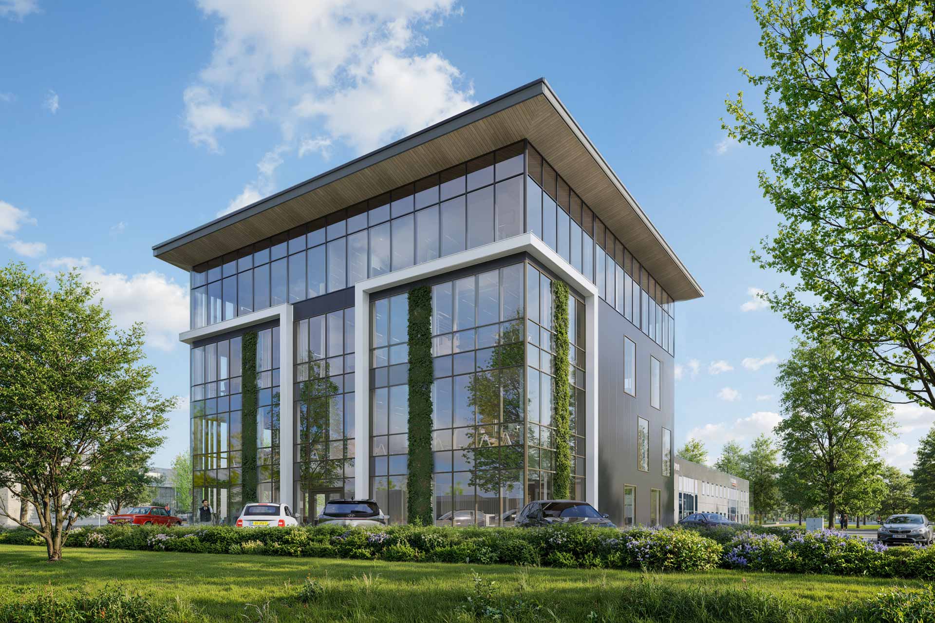 Modern kantoorgebouw met groen.